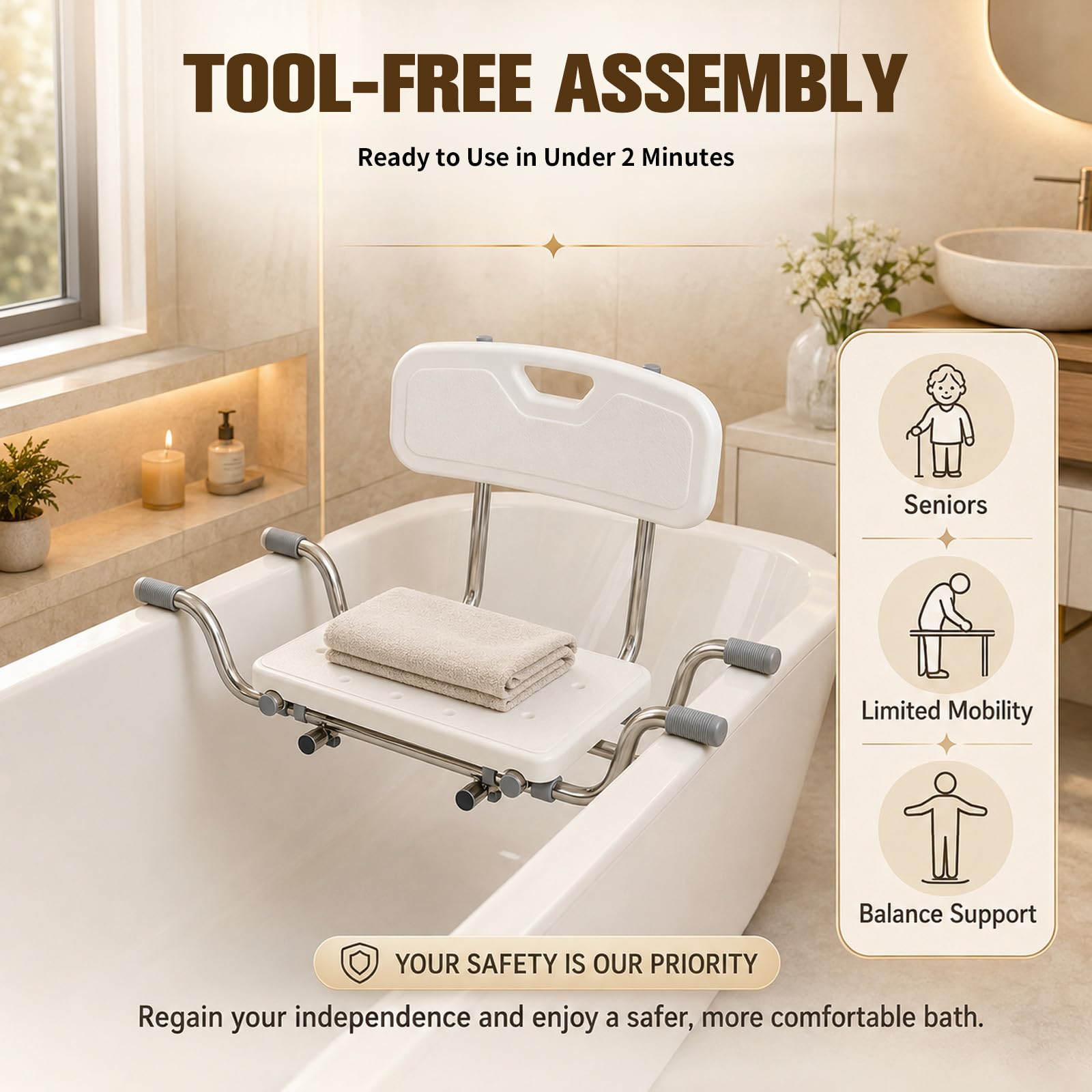 Sedile per vasca da bagno, schienale regolabile in altezza (28-35 cm), antiscivolo, portata 136 kg, larghezza 76-86 cm