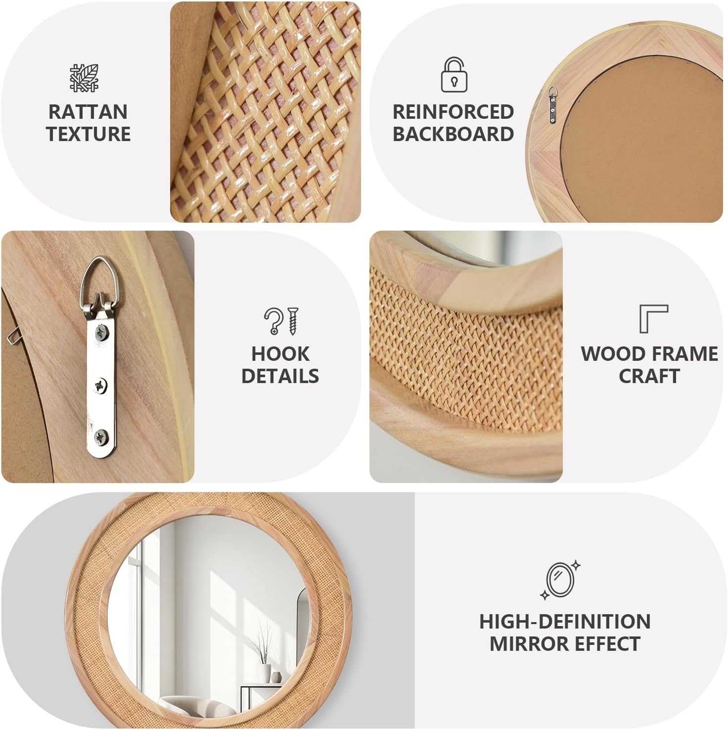 Round Rattan Mirror, 30" Circle Wall Mirror, Farmhouse Wooden Vanity Mirror with Handmade Wicker Frame, Decorative Boho Mirror for Nursery Bedroom Living Room Entryway Nature