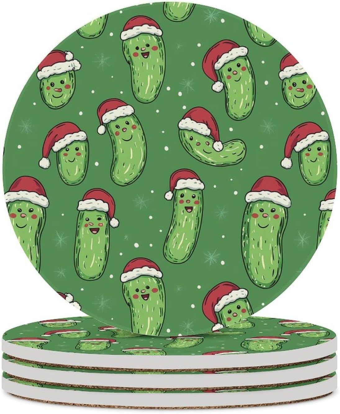 Christmas Pickle Pattern Round Ceramic Coasters for Drinks Absorbent Cup Holder Tabletop Protector with Cork Base