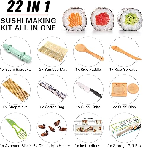 Vista 16 de Kit de fabricación de sushi para principiantes, kit de rodillo de sushi de 22 piezas con tapete de bambú para sushi, bazuca de sushi, cuchillo