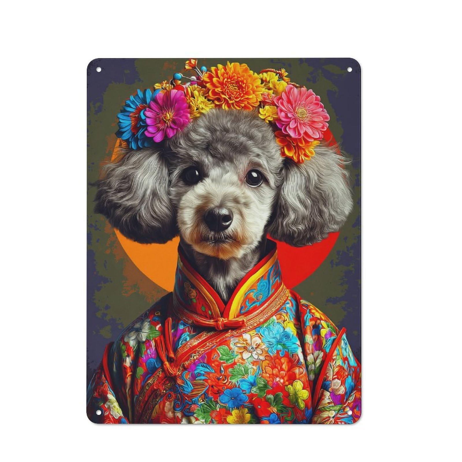 Junmoney Floral Crowned Poodle In Vibrant Robe 40X30cm Rustic Tin Sign With For Dining Room Or Kitchen, A Decorative Metal Sign For Kitchens And Dining Spaces