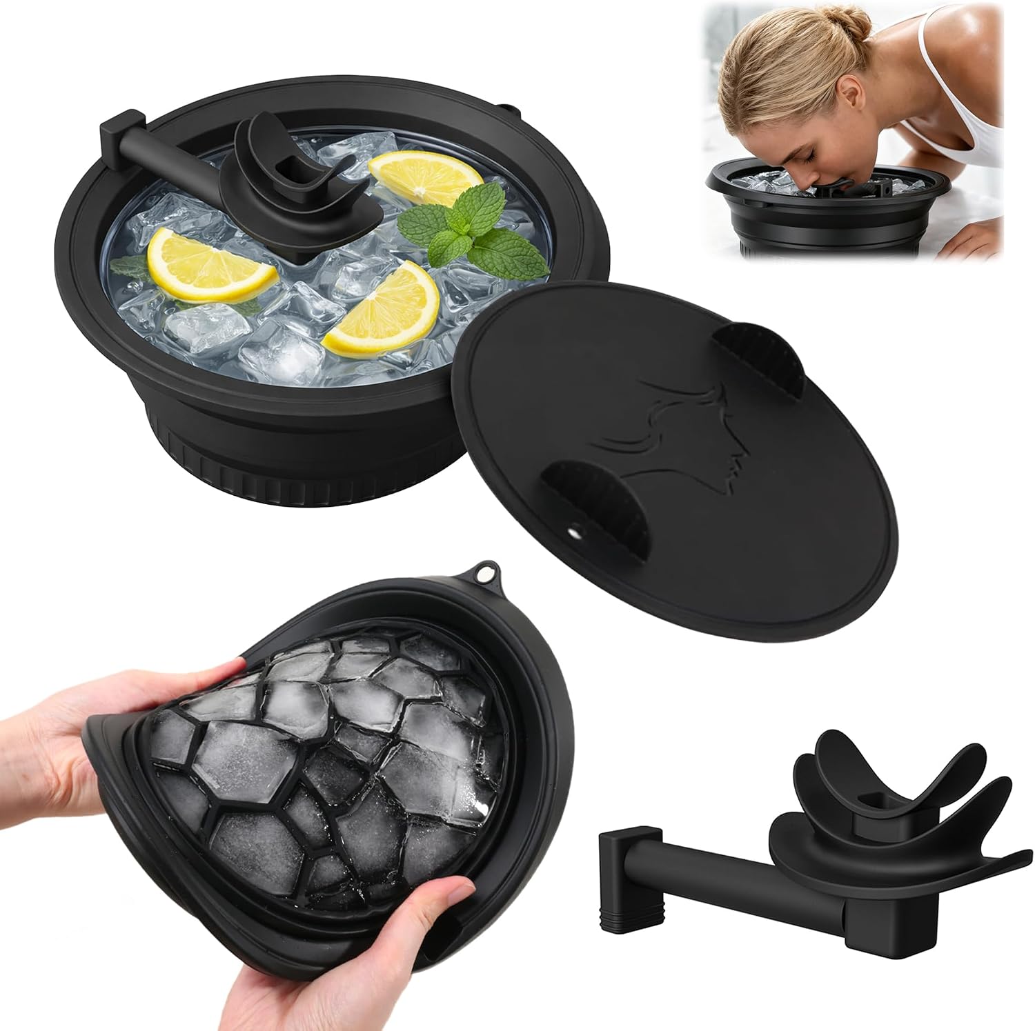 Face Bowl for Ice with Built-in Ice Tray Face Ice Bath Bowl with Breathing Tube & Nose Clip, Foldable Silicone Facial Cold Plunge Basin for Cold Plunge Therapy, Skin Tightening (Black)