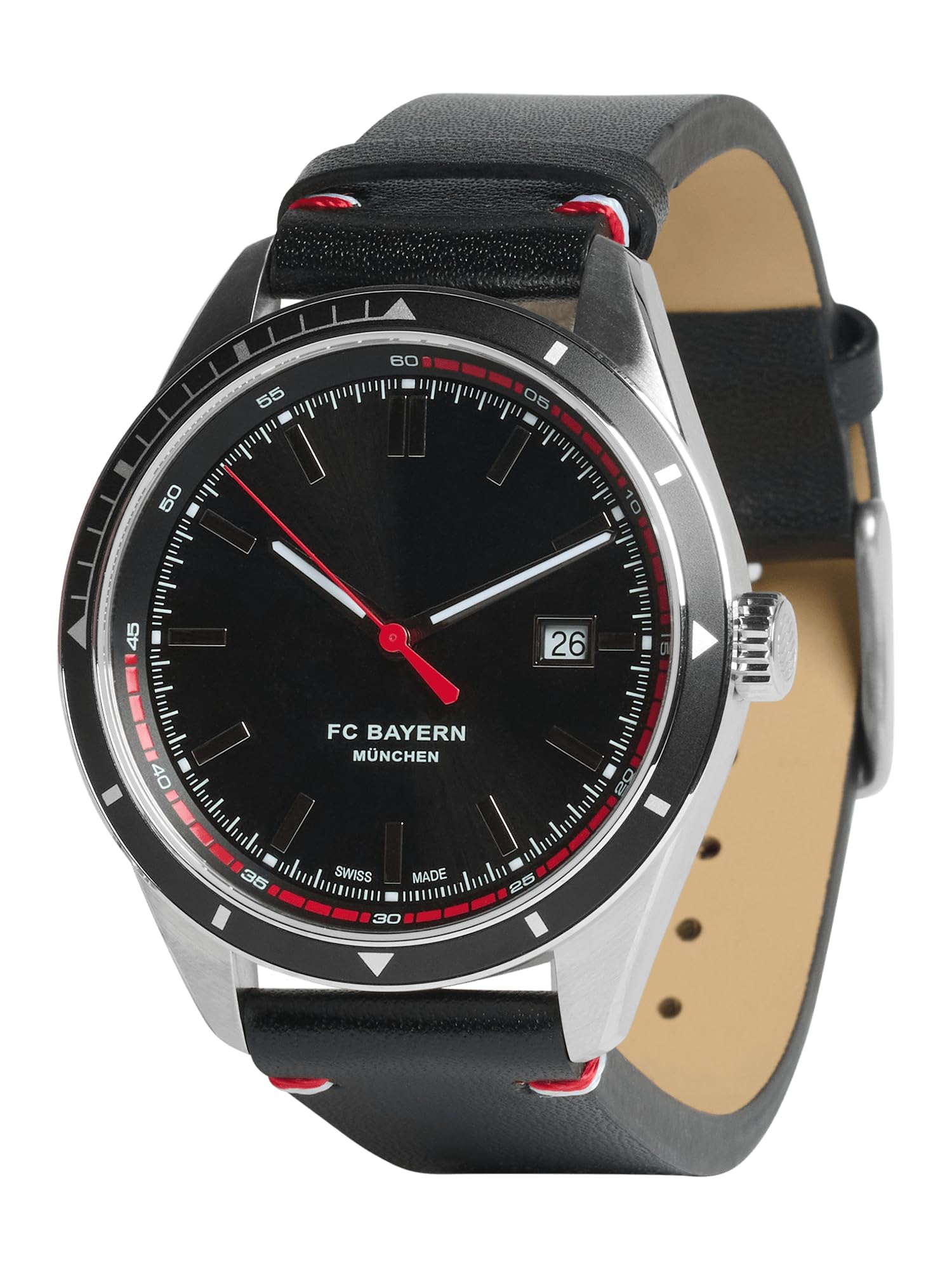 FC Bayern München Armbanduhr Limited Edition (Schwarz) I Quarzuhrwerk mit Lederarmband & Edelstahlgehäuse I Wasserdicht bis 3 ATM I Offiziell lizenziert