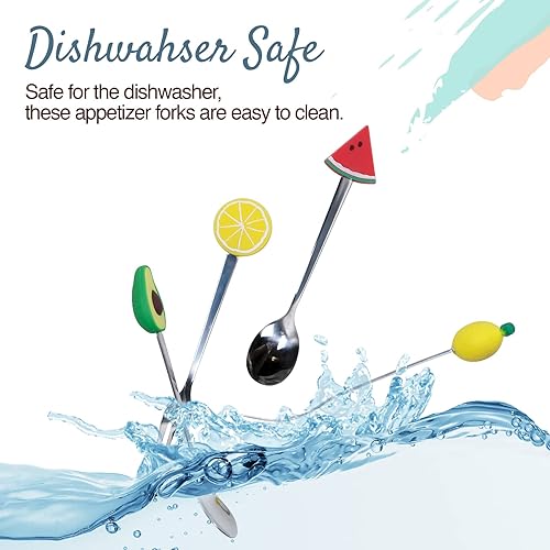 Miniatura 7 de Cucharas y tenedores pequeños de acero inoxidable y silicona, juego de 6 piezas, formas de frutas para frutas, queso, aperitivos
