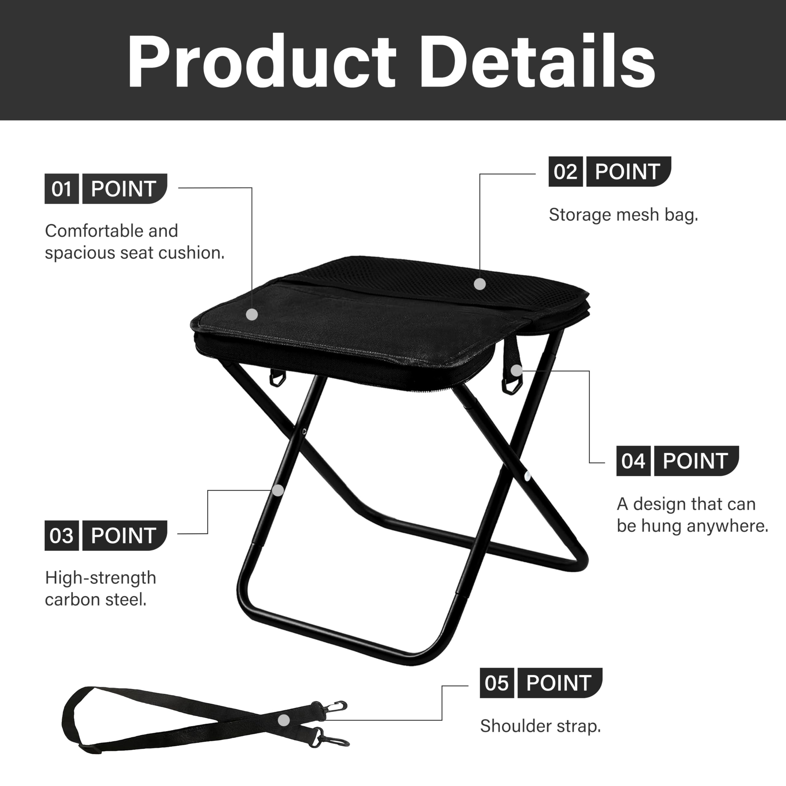 Foldable Stool Portable with Adjustable Shoulder Strap & Storage Mesh Bag. Collapsible Stool for Outdoor, Travel, Camping, Fishing, and Instant Seating Anywhere (Black,Large) — view 5
