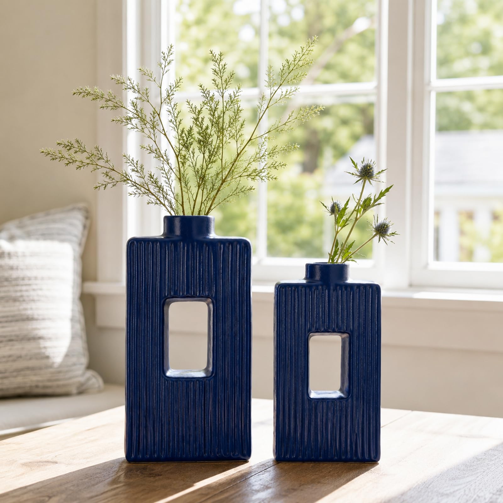 Vase céramique bleu carré lot de 2 style minimaliste bohème décoration intérieur rustique