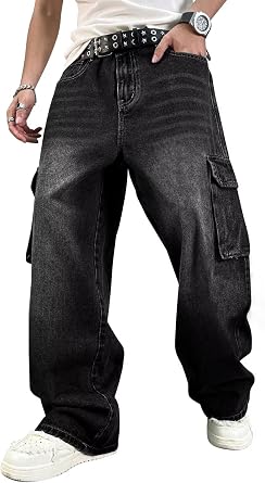 HUNGSON Mens Baggy Cargo Jeans for Men Women Y2k Skater Vintage Plain Pants Casual Wide Leg Jeans Loose Fit Denim Jeans