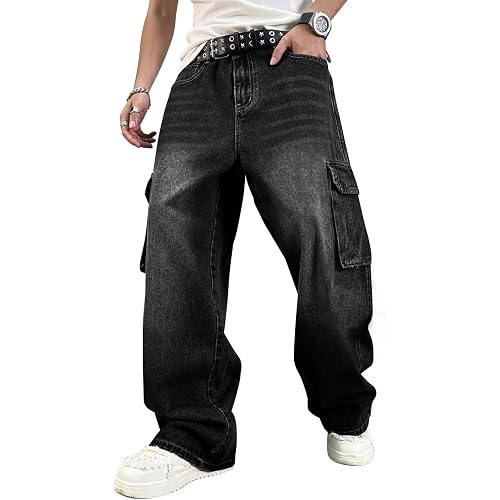 HUNGSON Mens Baggy Cargo Jeans for Men Women Y2k Skater Vintage Plain Pants Casual Wide Leg Jeans Loose Fit Denim Jeans