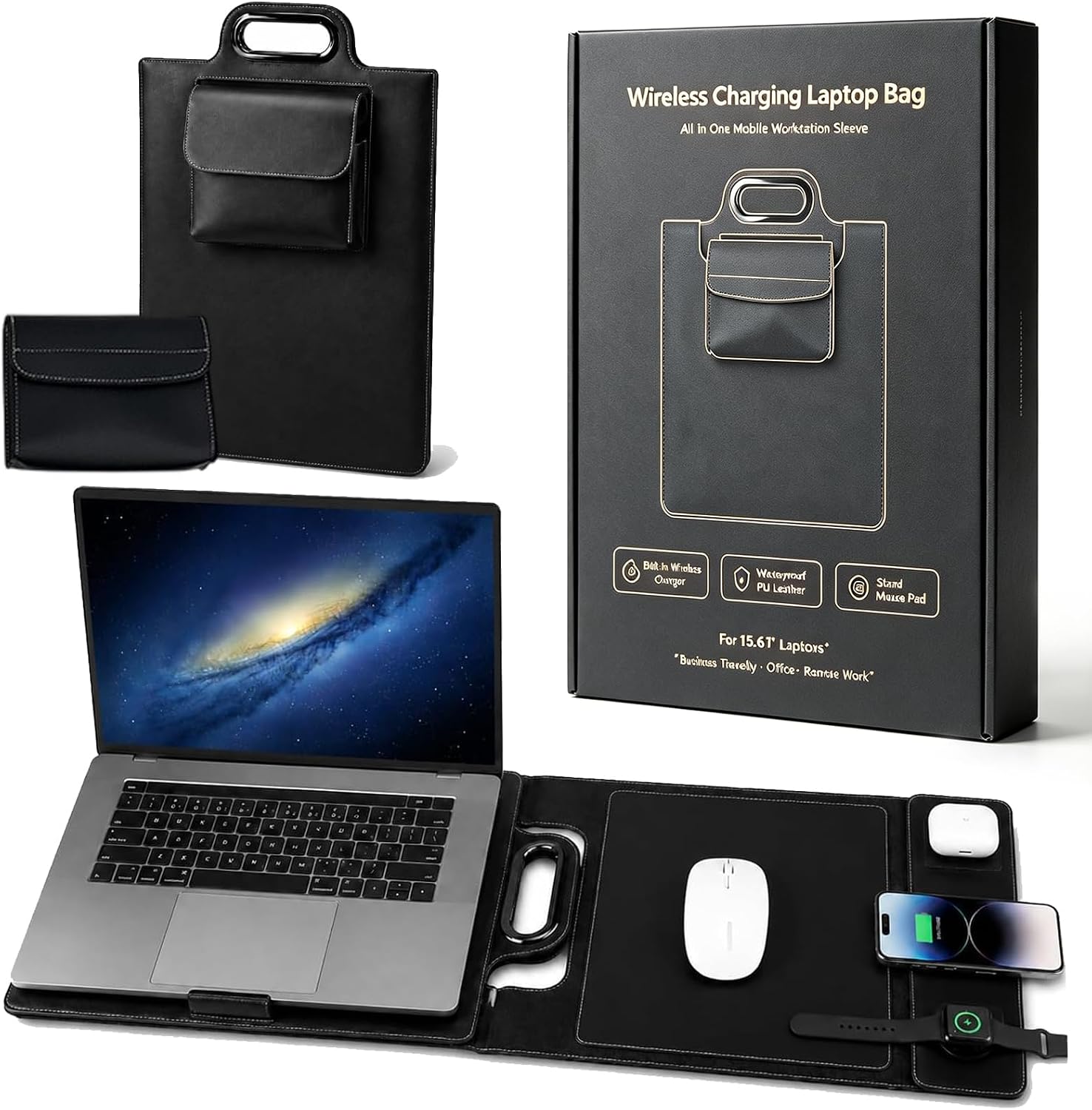 New Premium Wireless Charging Laptop Bag, All in One Mobile Workstation Sleeve with Built In Charger, Waterproof Computer Case with Stand Mouse Pad for Business Travel Office (Black, /)