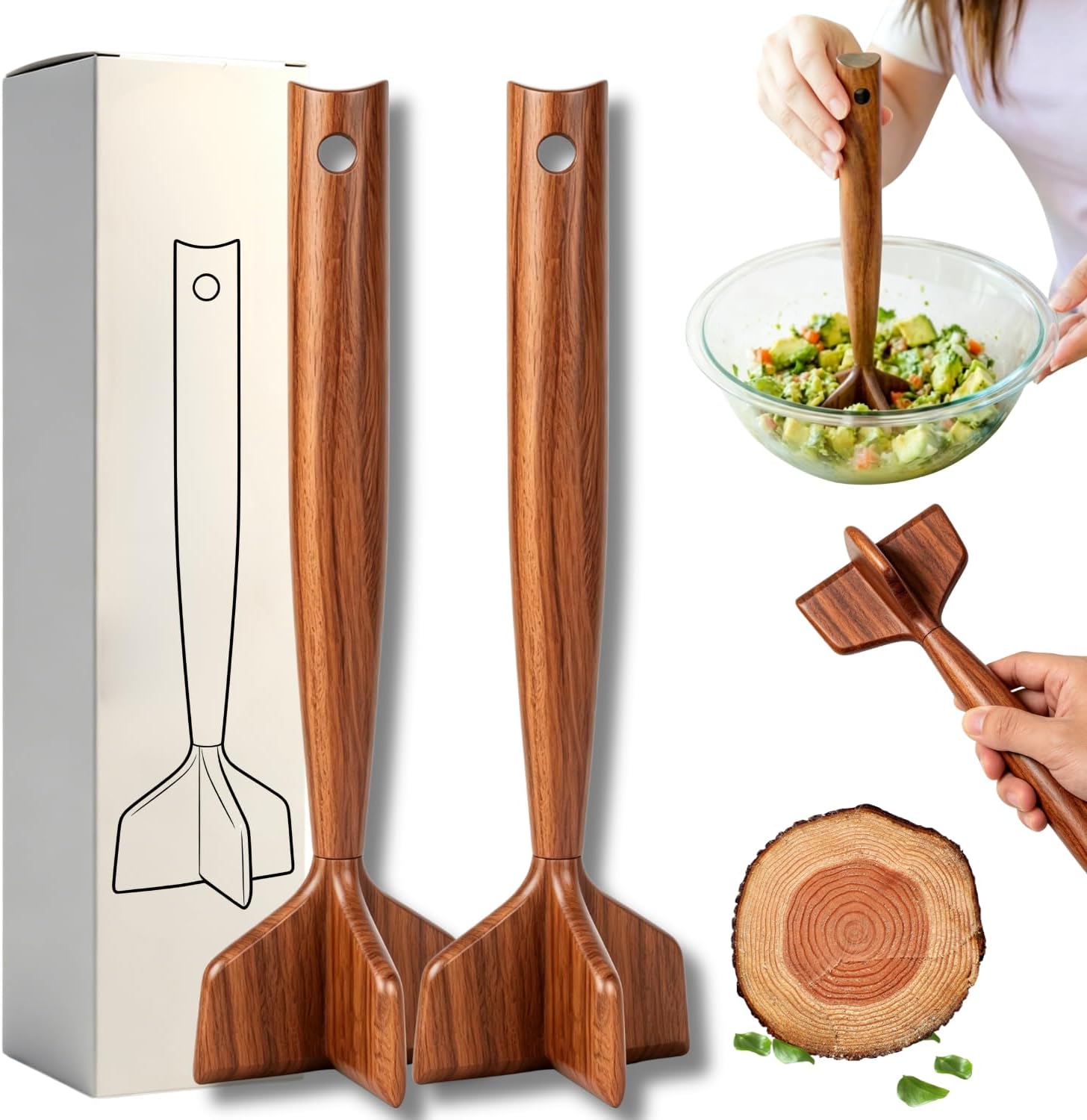 Wooden Ground Beef Masher, Heavy Duty Wooden Meat Chopper, Custom-Made Natural Teak Manual Crusher, Multi-Use Durable Pounder Separator Kitchen Utensils for Turkey, Sausage, Potato ＆ Chicken (2 PCS)