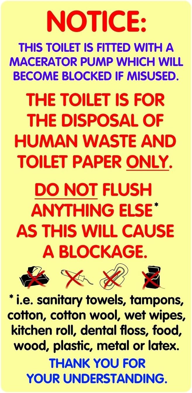 Pair of Waterproof Warning Notices/Sticker Signs for Macerator Toilets. Fits Saniflo.