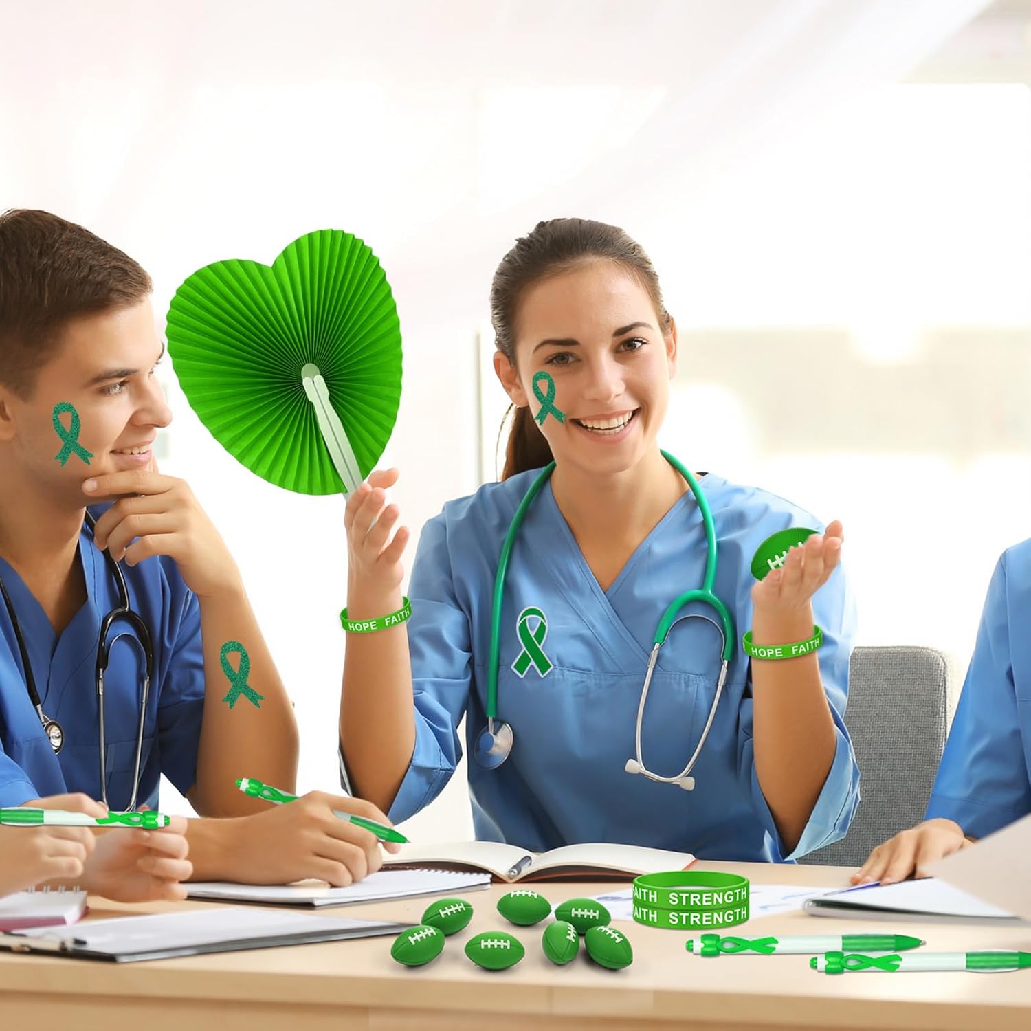 Wonderjune Mental Health Awareness Green Items Bulk Ribbon Stickers Stress Football Folding Fan Tattoo Sticker Silicone Bracelet for Charity Events Gifts Supplies