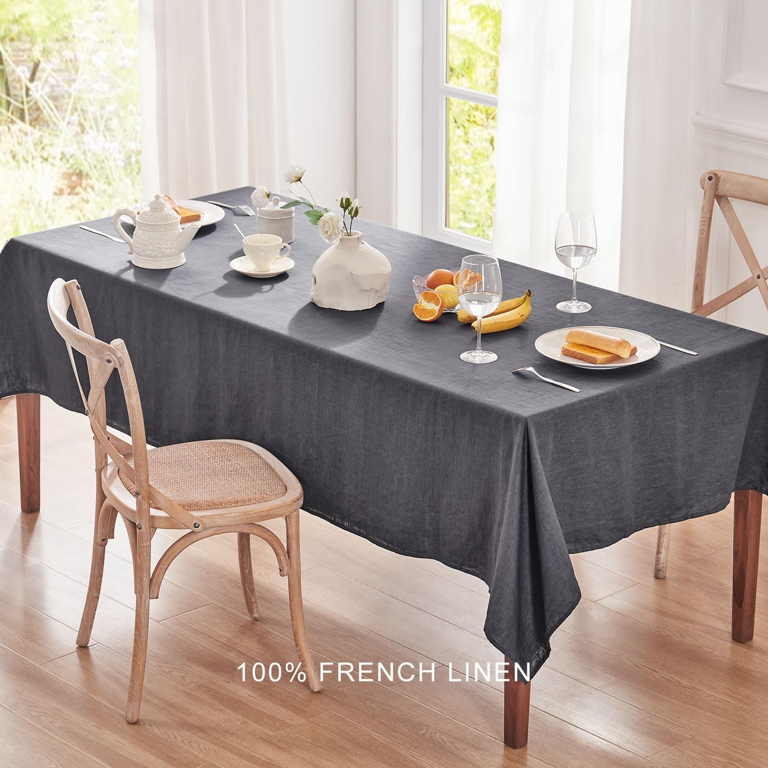 TOSMO 100% French Linen Tablecloth, Washable Farmhouse Rectangle Table Cloth for Kitchen, Dining, Party, Cocktail, Indoor and Outdoor Daily Use(60''x84'',Charcoal Grey)