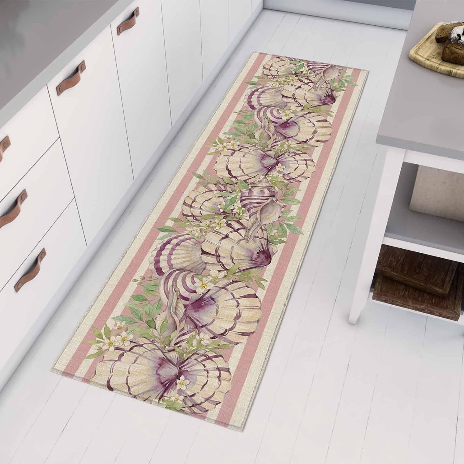 Teamery Kitchen Mats for Floor Vintage Coastal Floral Shells Washable Non Slip Kitchen Rugs 1PCS, Pink Stripes on Linen Absorbent Standing Mats for Sink Bathroom Office Living Room 23.6x70.9in
