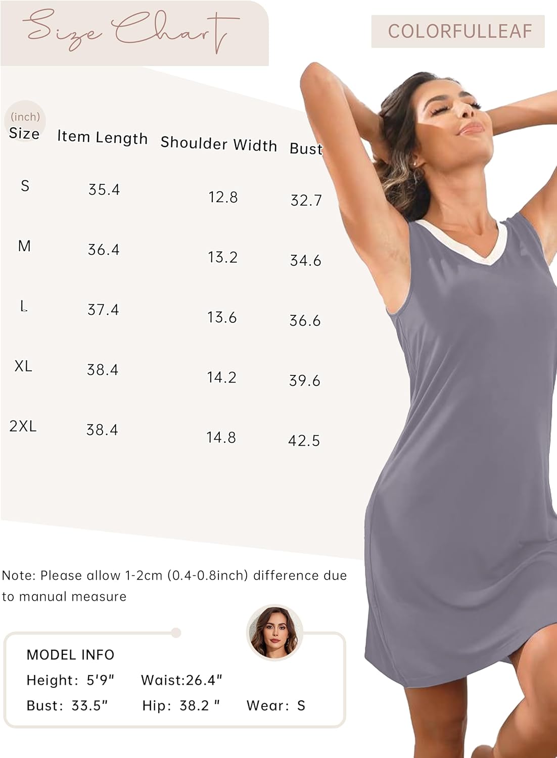 COLORFULLEAF Nightgown for Women Bamboo Sleeveless sleep lounge V Neck Tank Tops Pjs Nightshirts Pajama Dress 1 or 2 Pack - Image 7