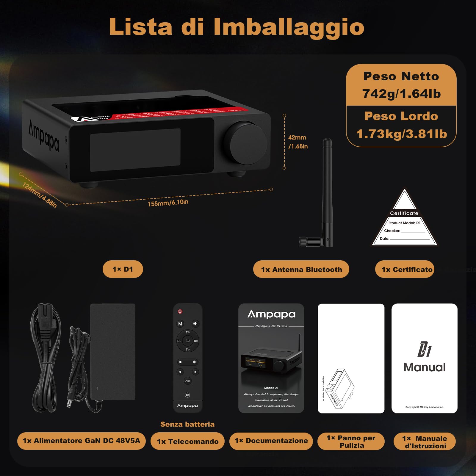 D1 Amplificatore Bluetooth: Amp Stereo con BT 5.2 | HPF | VU Meter Digitale | Pre-Out sub | Ingresso TRS Bilanciato | Controllo del Tono e Telecomando per Home Theater e Sistema di Scaffali
