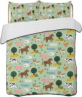 Quilts Twin Size Bedding Set, Cartoon Farm Lightweight Quilted Comforter, Funny Cow Horse Sheep Pig Chicken Trees Soft Reversible Bedspread Coverlet with Pillow Covers for All Season, 68" x 86"