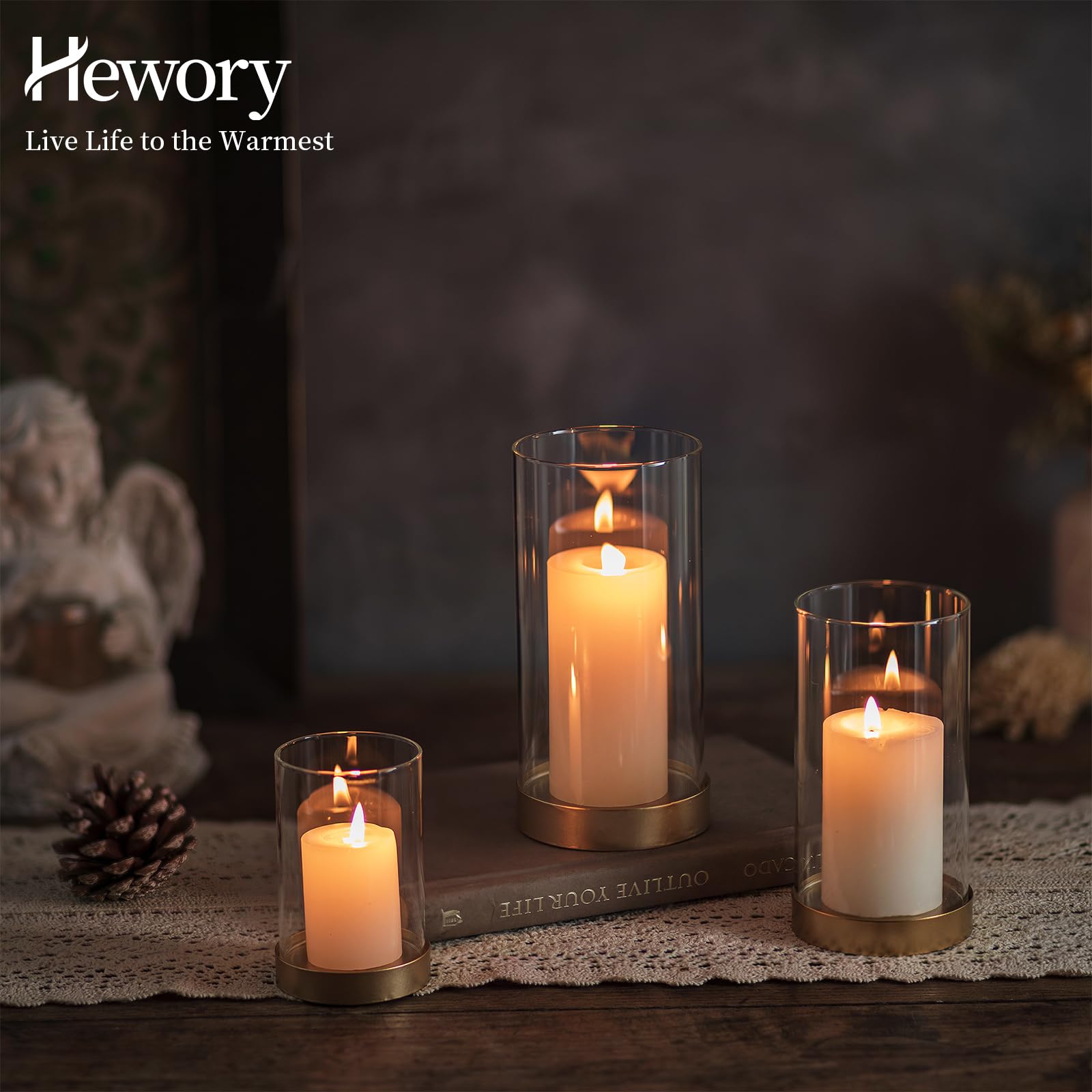 Hewory Hurricane Candle Holder Gold : Lot de 12 photophores en Verre pour Bougies piliers, Lanterne décorative avec Plateau en métal pour Le Salon, la Salle à Manger, la Table Centrale