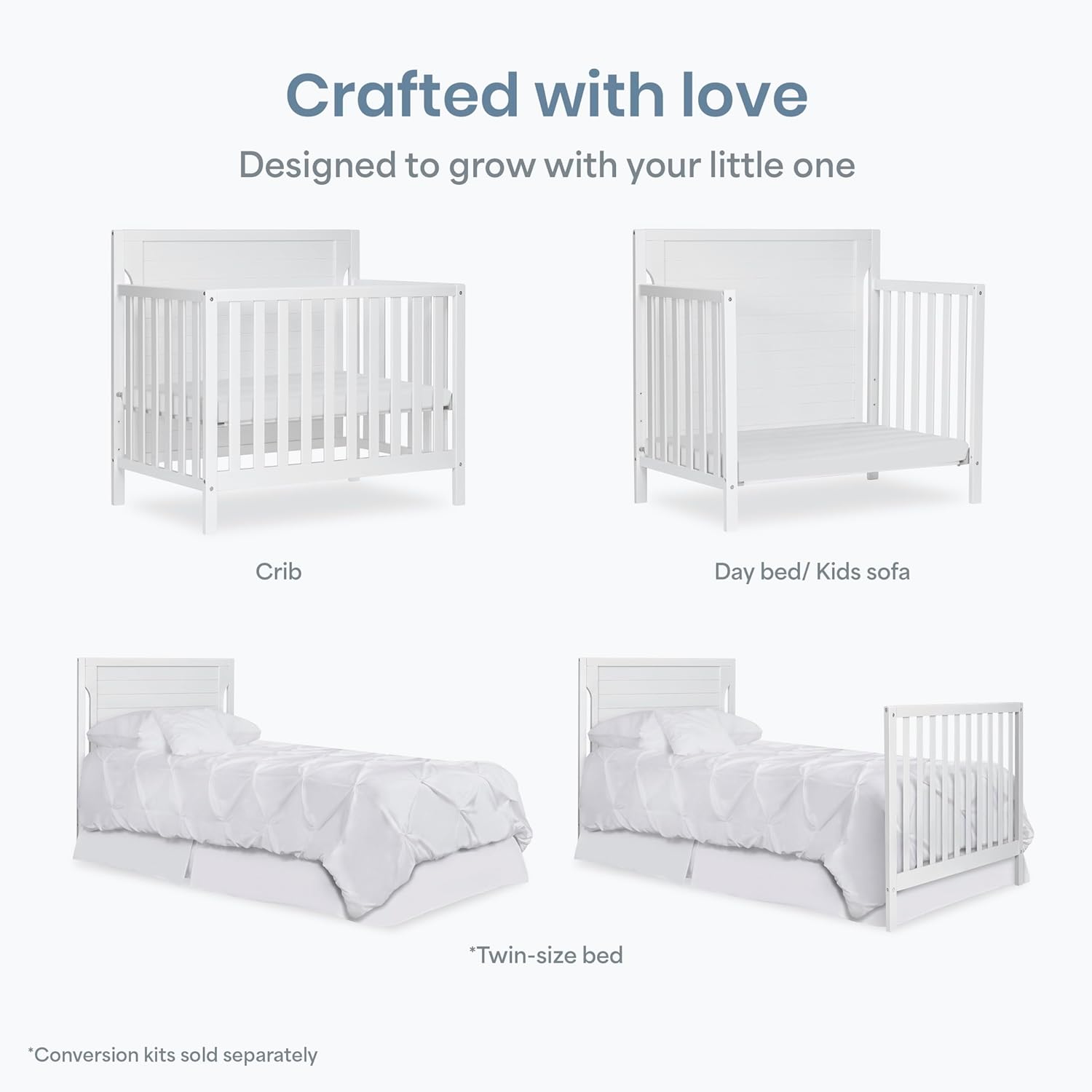 Dream On Me Bellport 4 in 1 Convertible Mini/Portable Crib In White, Non-Toxic Finish, Made of Sustainable New Zealand Pinewood, With 3 Mattress Height Settings