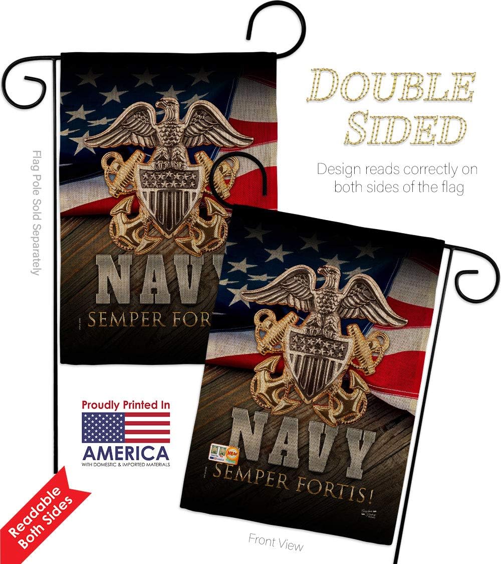 US Navy Semper Fortis Burlap Garden Flag Set with Stand Armed Forces USN Seabee United State American Military Veteran Retire Official Small Gift Yard House Banner Double-Sided Made In USA 13 X 18.5