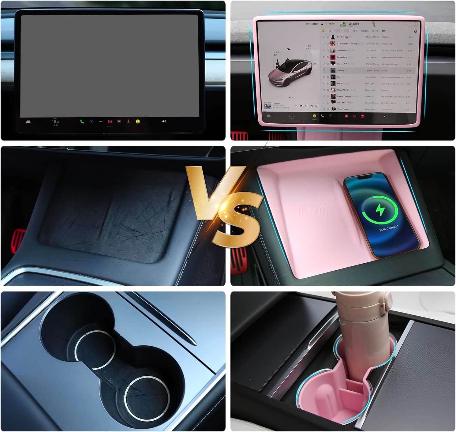 TOPABYTE 3PCS Center Console Accessories for Tesla New Model Y Juniper 2026 2025 Model 3 Highland 2024 Cup Holder Insert, Screen Edge Protector Frame, Wireless Charger Mat Silicone, Pink