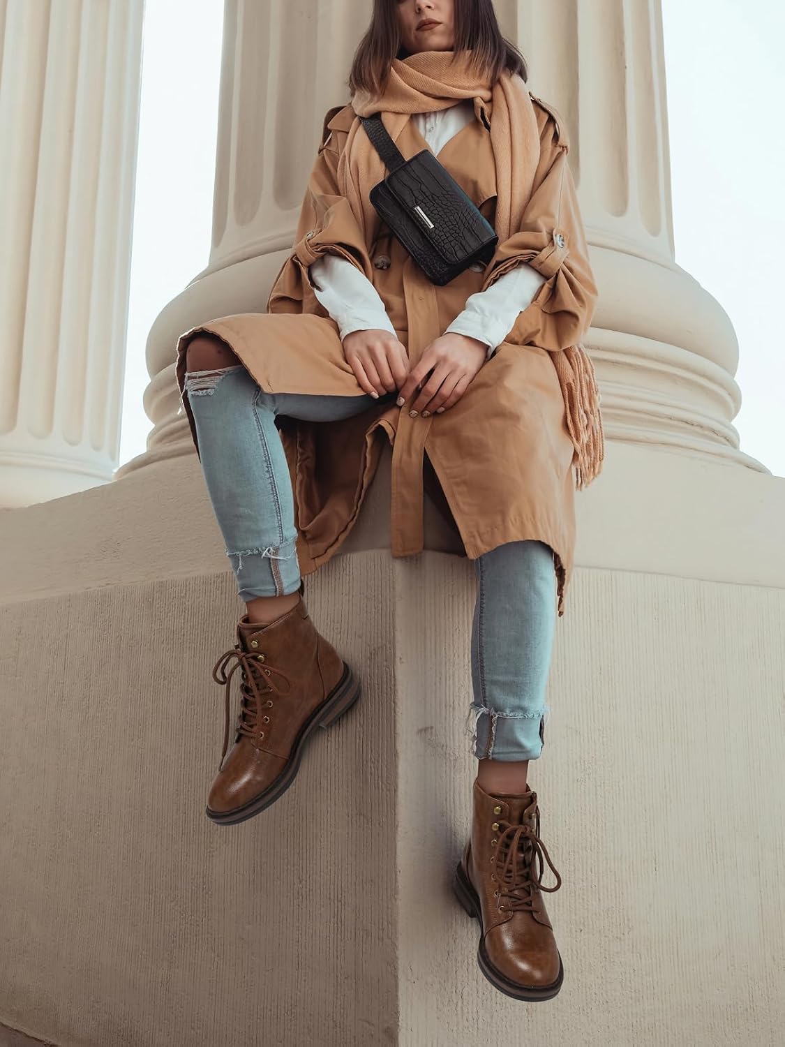 SHIBEVER Ankle Boots for Women Comfortable Lace-up Fall Fashion Combat Boots 2026 Low Heel Lug Sole Zipper Short Booties