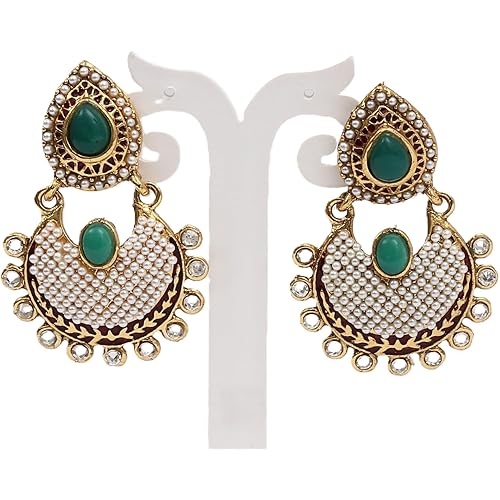Handmade Traditonal Designer Antic Gold Chandelier Earrings with Green Stone Highlights and Small Pearl Embellishments, Formal and Wedding Jewelry