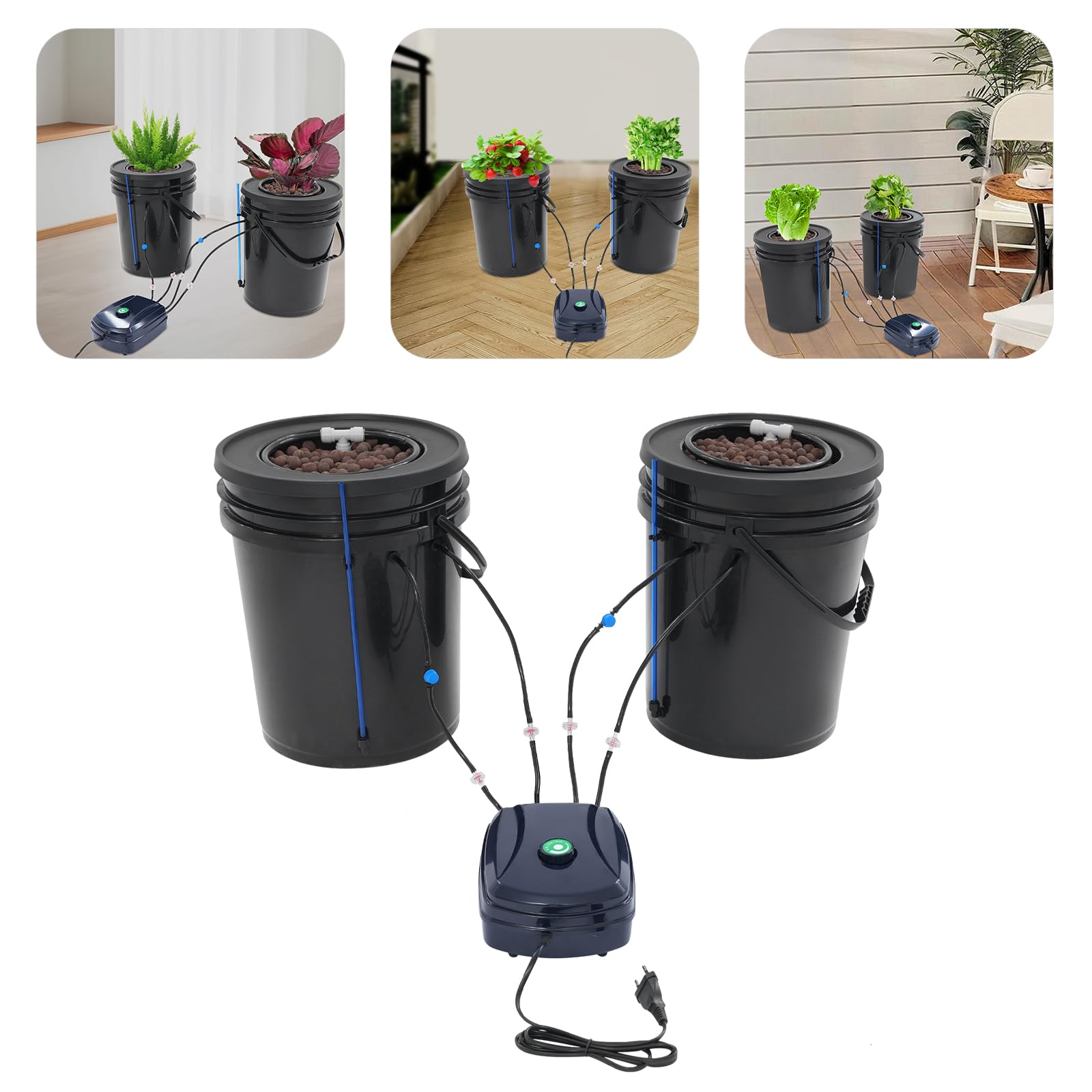 Sistema di coltivazione idroponica DWC Sistema di irrigazione automatico con 2 secchi da 5 gal e 12 W pompa dell'acqua, 2 pezzi Top Drip Kit per la coltivazione di fiori, verdura, frutta