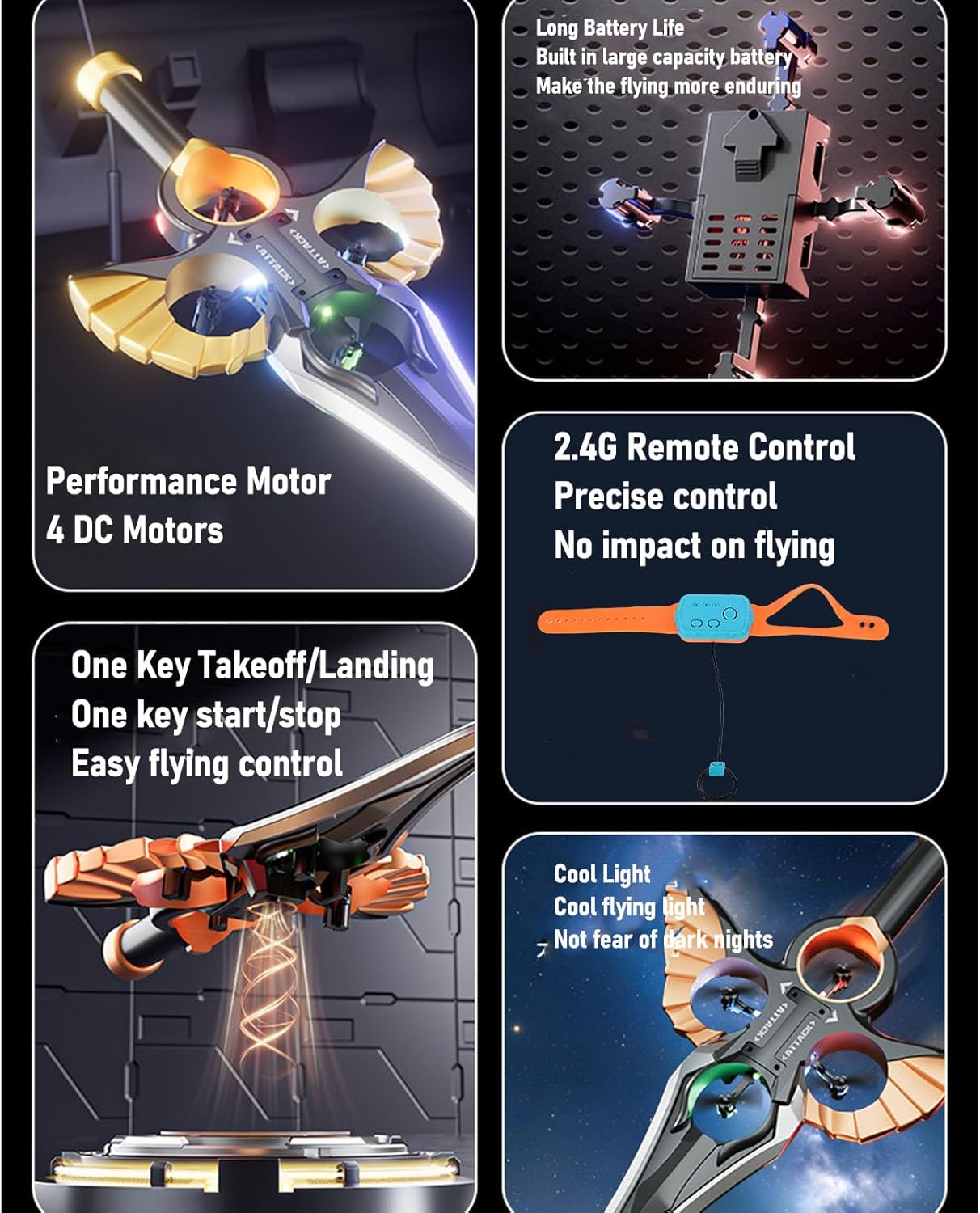 Detailed view of the Denash RC Flying Sword's features including performance motors, long battery life, 2.4G remote control, and cool lights.