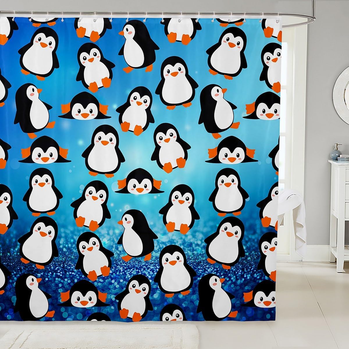 Cartoon Penguins Kids Shower Curtains,Cute Arctic Pole Animals Bathroom Curtains for Girls Boys Bedroom,Starry Sky Dots Glitter Blue Romantic Waterproof Curtains,12 Hooks Suits,72" W x 78" L