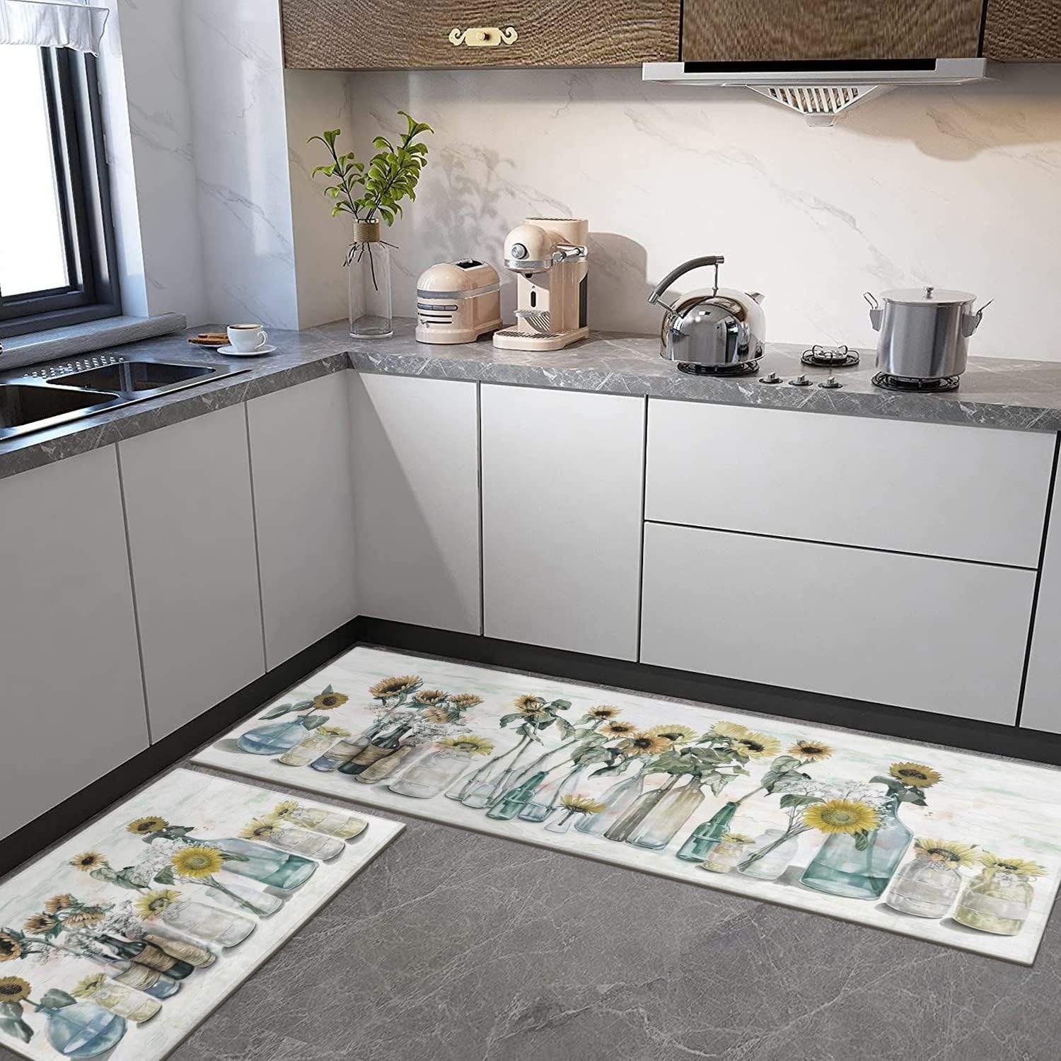 Sunflower Farmhouse Kitchen Rugs Set of 2,Colorful Spring Summer Flowers Kitchen Rugs and Mats Non Skid Washable,Farmhouse Kitchen Runner Rugs with Rubber Backing (17"x48"+17"x30")