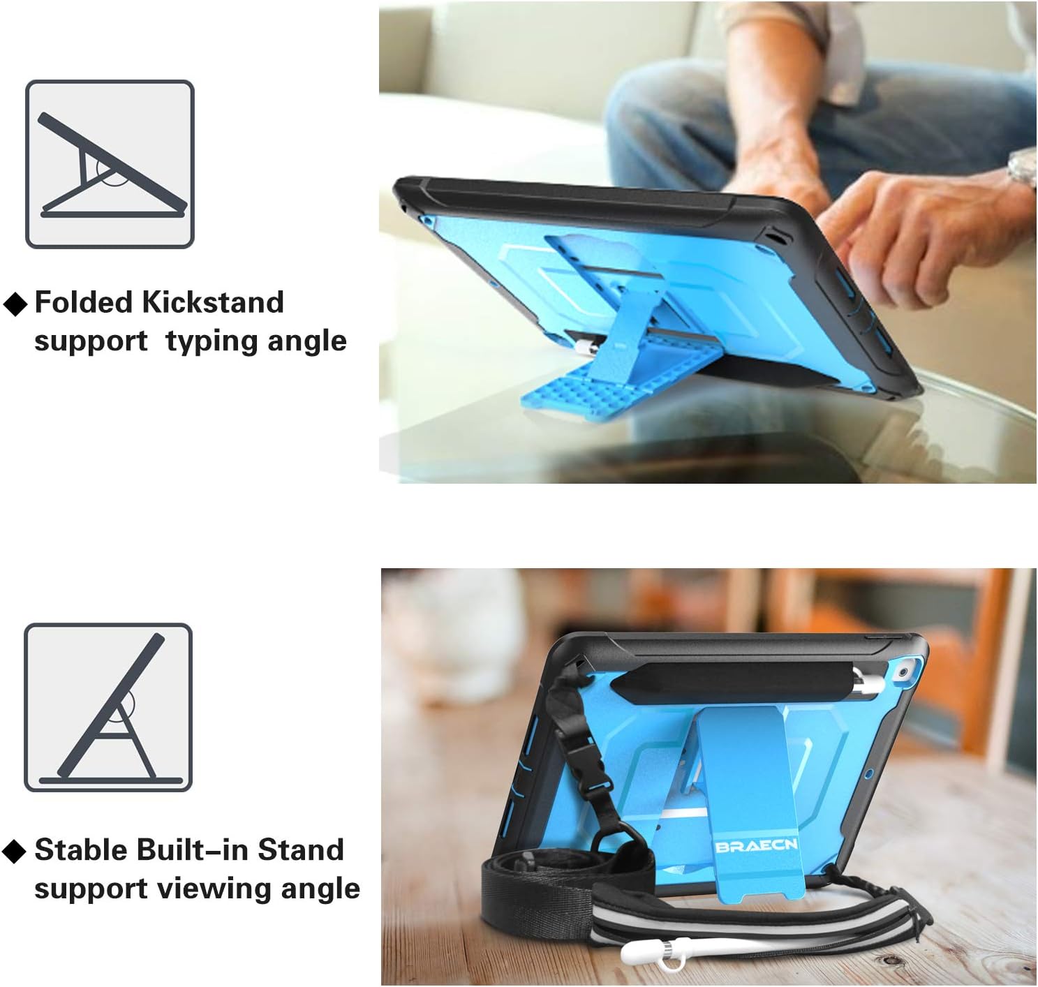 Get Discount 70% Price BRAECN iPad 8th Generation Case, iPad 10.2 case, Full Body Heavy Duty Shockproof Case with Screen Protector/Pencil Holder/Storage Pouch/Pencil Cap Holder/Kickstand/Strap for iPad 7th Generation-Blue