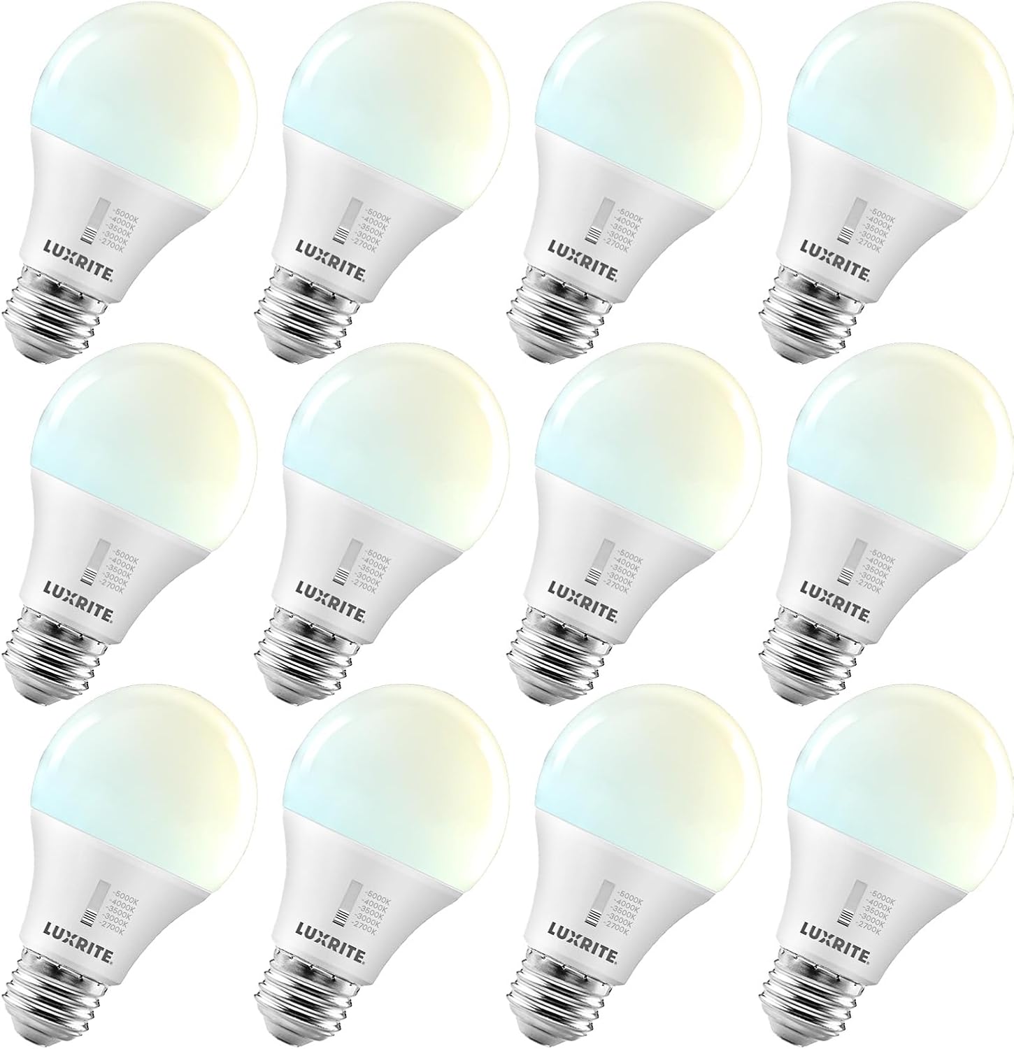 LUXRITE A19 LED Light Bulb 60 Watt Equivalent, CRI90, 5CCT 2700K 3000K 3500K 4000K 5000K, Dimmable, 800LM, Standard LED Light Bulbs 9W, E26 Base, ETL - Perfect for Lamps and Home Lighting (12 Pack)