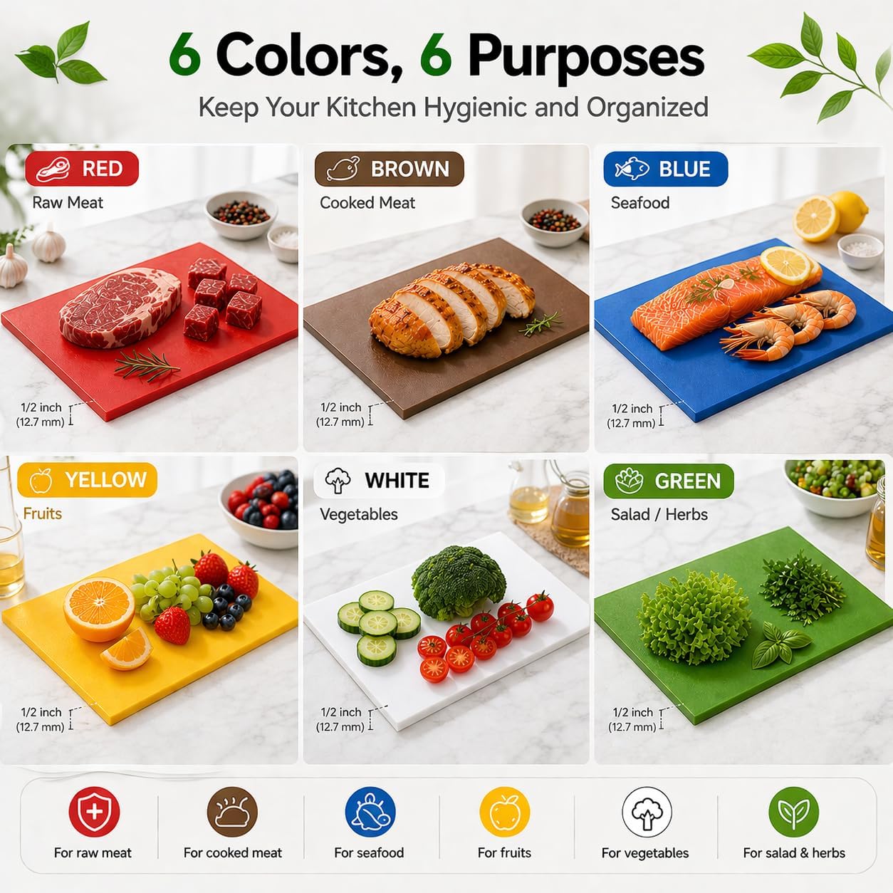 Hakka Commercial Cutting Board-6 Pack, 18 x 12 x 1/2 Inch Color-Coded Chopping Board Set – Heavy Duty Plastic, Non-Slip, Dishwasher Safe – Professional Kitchen Boards for Meat, Fish, Vegetables & More