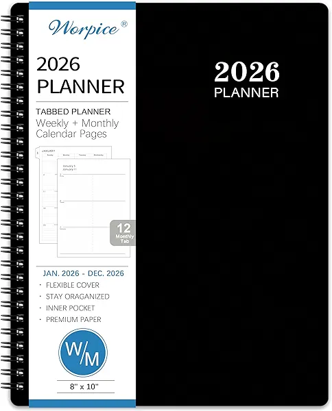 2026 Planner - 8” × 10”, Planner Weekly and Monthly 2026, from JAN to DEC 2026, Premium Paper, Twin-wire Binding, Check Box, Coated Monthly Tabs, for Productive Life