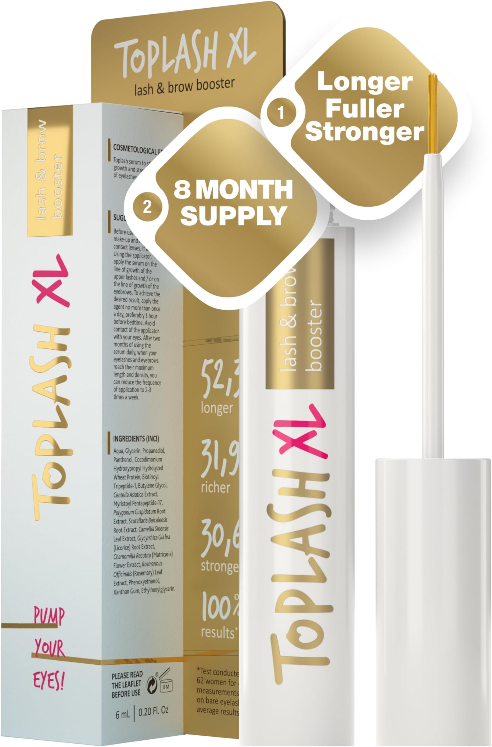 Toplash XL Lash and Brow Booster, Growth Serum with Eyelash and Eyebrow Enhancer, Promotes Stronger, Thicker, Healthier Lashes with Botanicals and Peptides