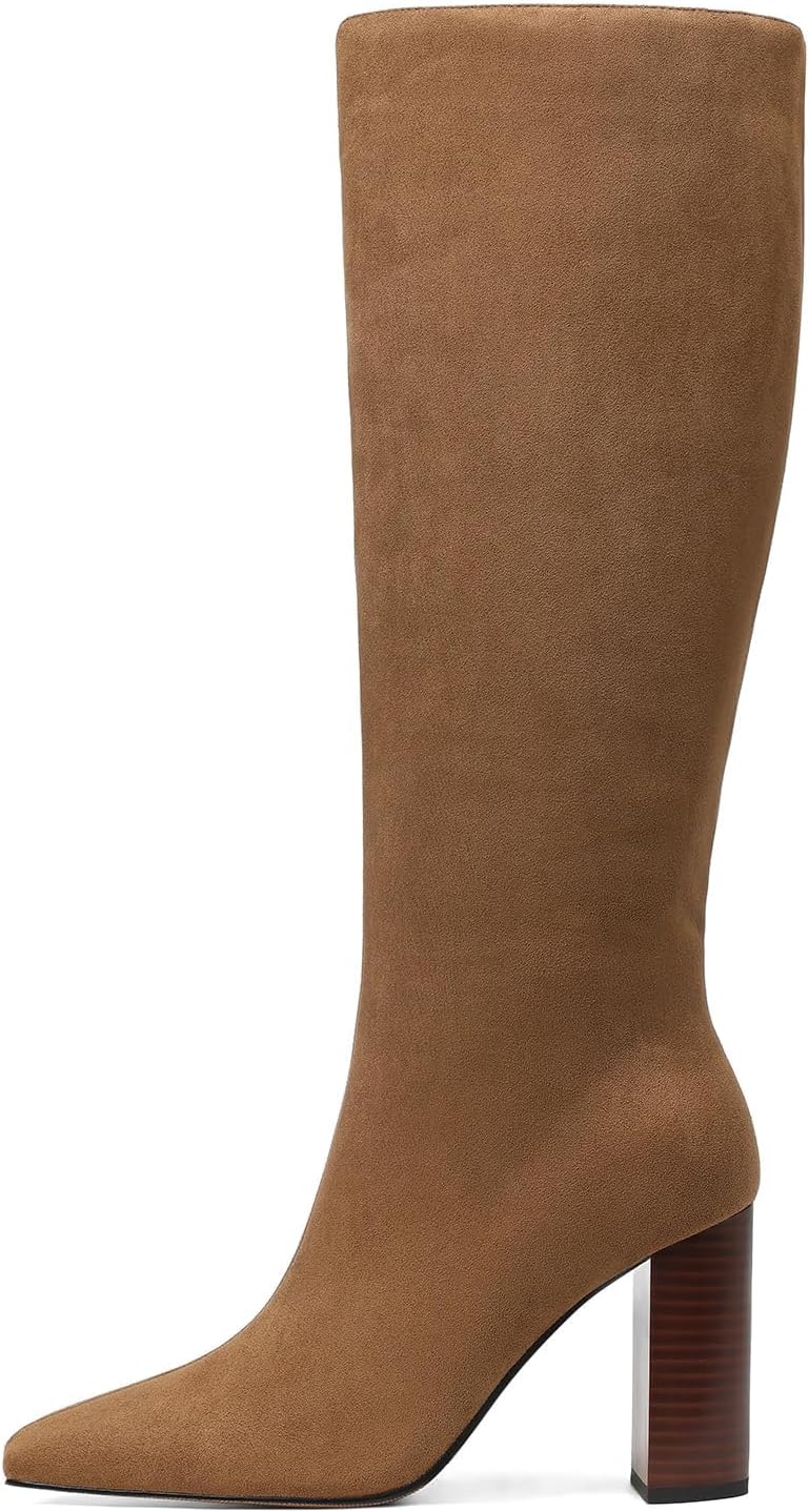 femflame Knee High Boots Women Black Leather Tall Shoes Square Toe Chunky Block Heel Side Zipper Long Boot Wide Calf Boots For Women