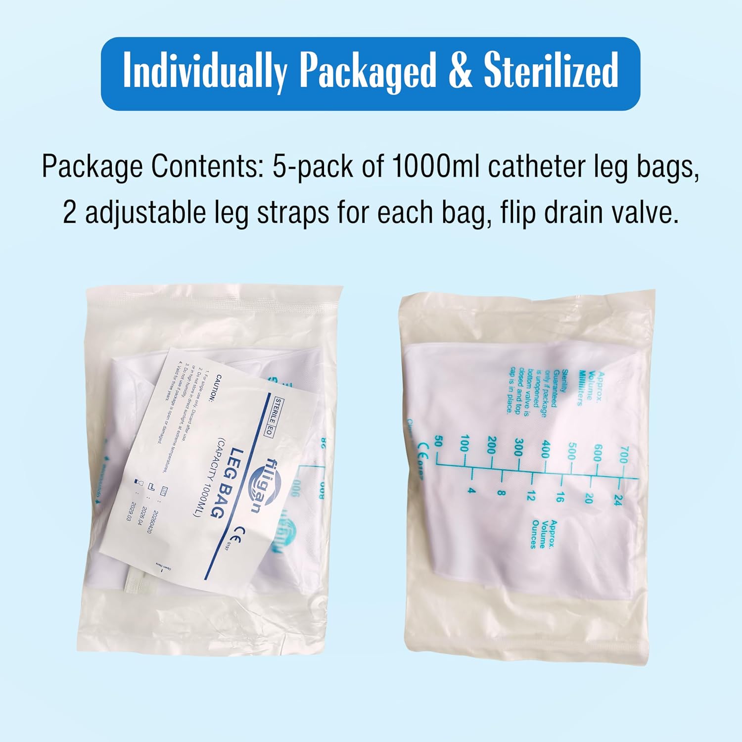5-Pack 1000ml Catheter Leg Bags with Anti-Reflux Valve, Easy Flip Drain | 32oz Large Capacity Urinary Drainage Bag with Cloth Straps; High Grade Vinyl Material; Sterile and Latex-Free