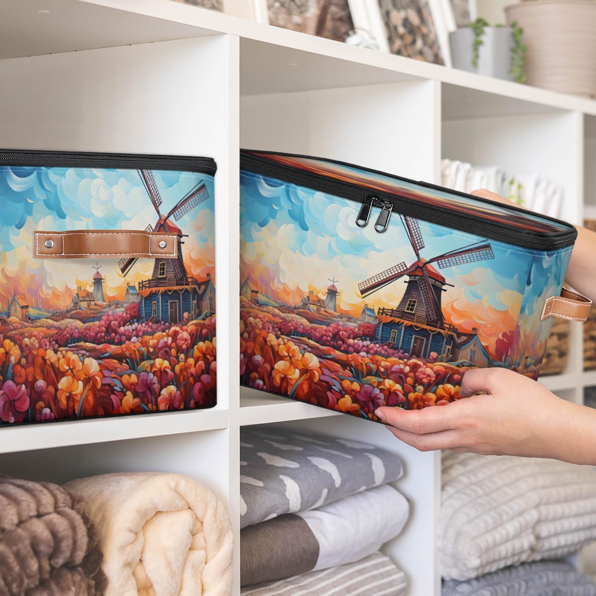 Storage Bin Set of 2 Oil Painting Windmill Storage Basket with Zipper Lid & Handle Foldable Closet Shelf 2 Pack Cloth Organizer Basket Cube Bins Clothes Organizer for Bedroom, Nursery