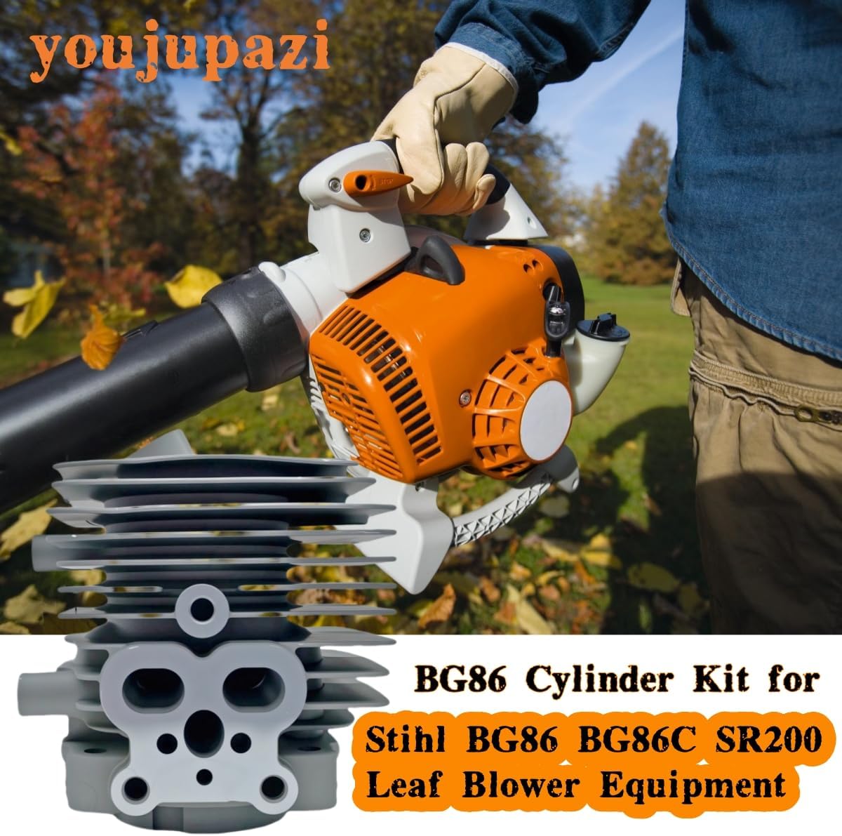 4241 020 1203 BG86 Cylinder Fits for Stihl BG86 BG86C SR200 Leaf Blower Equipment with Fuel Pipe Gasket Rebuild Kit Compatibility 4241-020-1203 41440071012