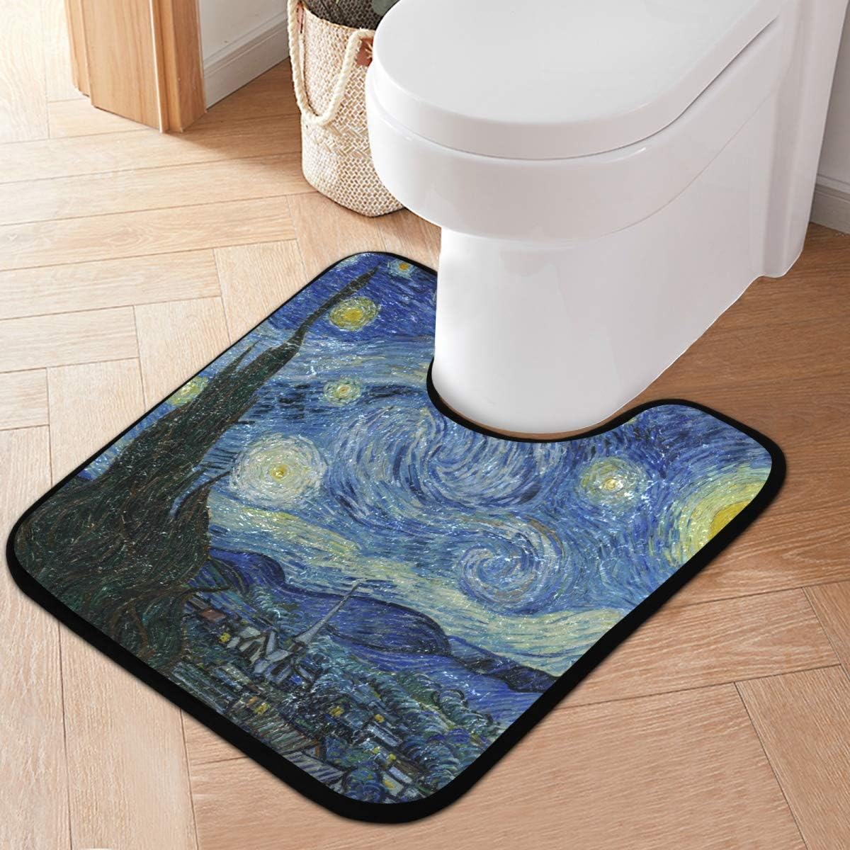 OREZI Van Gogh Painting Blue Starry Night Bathroom Rug Set 2 Piece Non-Slip Bath Runner U-Shaped Contour Toilet Mat Bath Rug Water Absorbent,Machine Washable