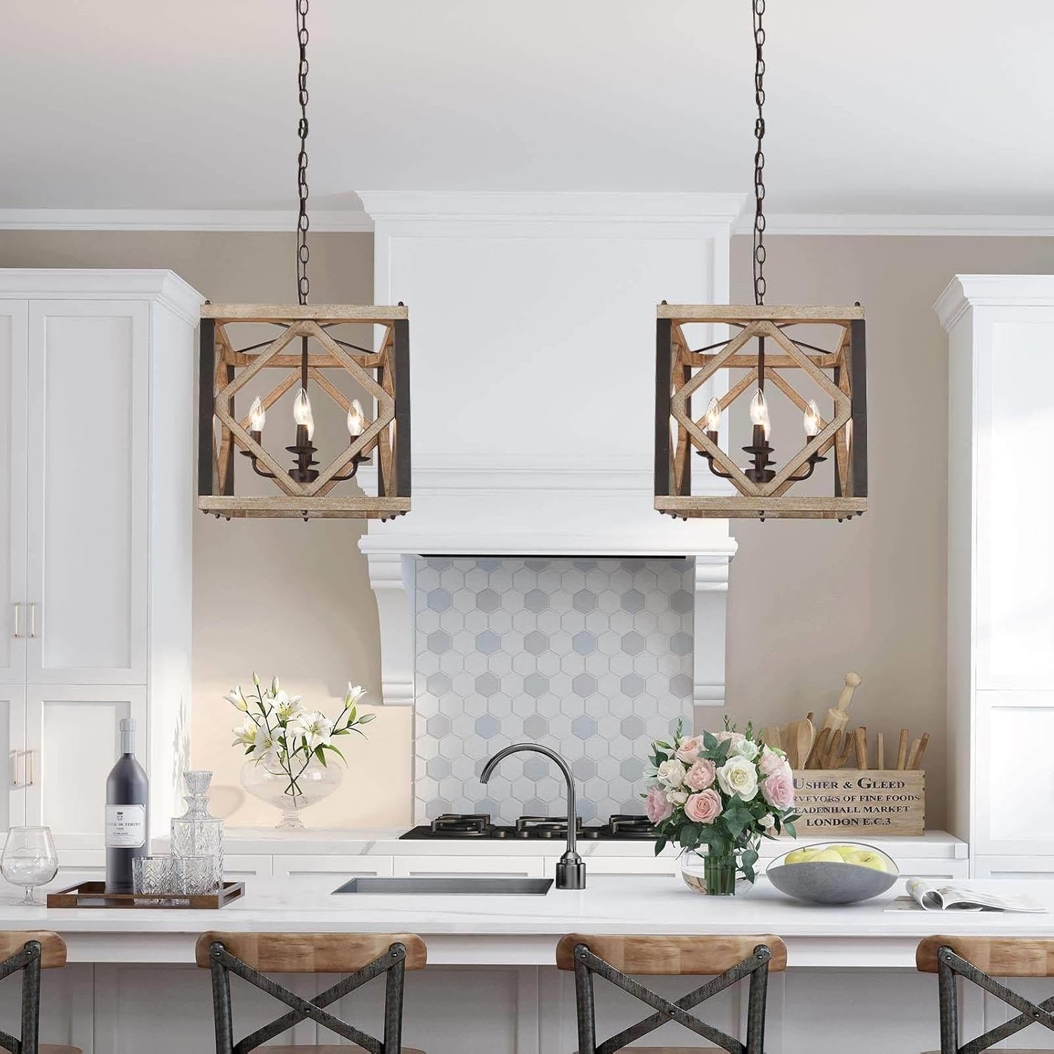 LALUZ Farmhouse Chandelier, 4-Light Rustic Wood Dining Room Chandelier Light Fixture, Cage Cube Wooden Pendant Chandeliers for Dining Room, Living Room, Bedroom, Entryway