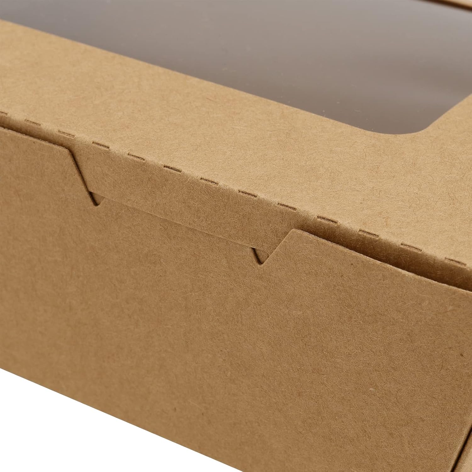 KEILEOHO 60 Pack Take Out Kraft Brown Boxes with Clear Window, 40oz Take Out Food Containers, Catering To Go Pastry Boxes, Disposable Paper Food Boxes for Pastries, Dessert