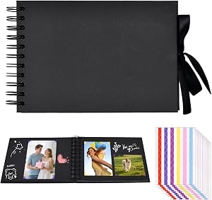 Volumoon Scrapbook Photo Album, A5 Photos Memory Book, DIY Silk Ribbon Photo Albums with 30 Black Pages and Stickers, Gifts for Birthday Anniversary Wedding Graduation Family
