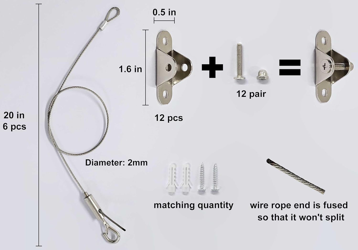 6 Sets Adjustable Hanging Wire Kit, Stainless Steel Multipurpose Suspension Wire Cable with Hook, Heavy Duty Anchor for Furniture, Light, Lamp, Picture, Mirror Secure to Wall or Ceiling, 20in