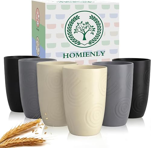 Homienly Wheat Straw Cups 12oz Drinking Cups Set of 6,Reusable Unbreakable Cups Set Alternative Plastic Cups Microwave and Dishwasher Safe Water Glasses for Kitchen,Camping,Dorm - GreyStone