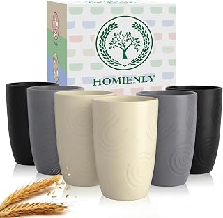 Homienly Wheat Straw Cups Drinking Glasses Set of 6, Unbreakable Plastic Cups Reusable Cups for Kitchen Camping Picnic Dorm Microwave and Dishwasher Safe Water Glasses Drinking Set 12 OZ - GreyStone