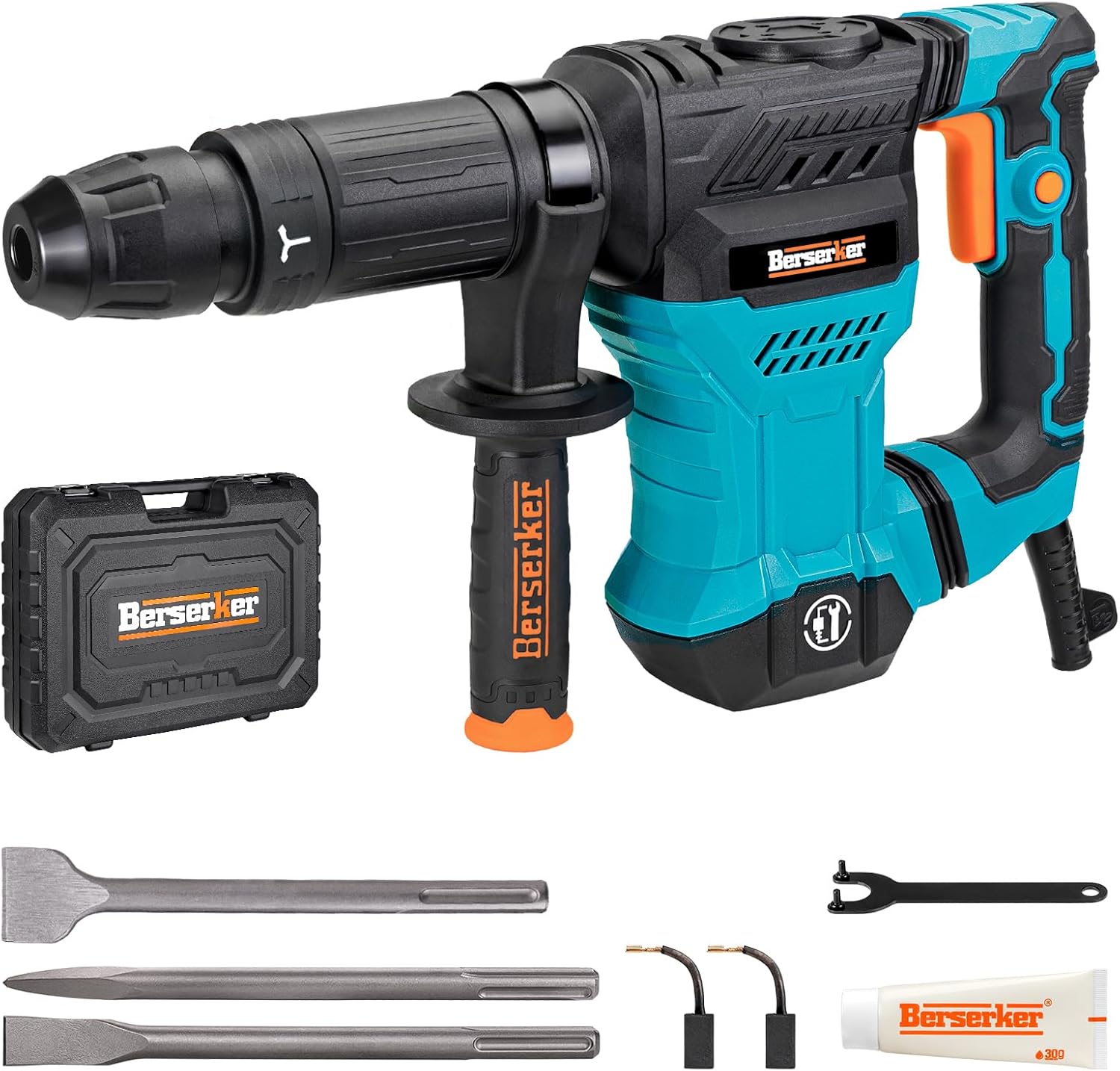 Berserker 1300W 12-Pound SDS-Max Demolition Jack Hammer, 1-9/16" 11-Amp Small Corded Electric Demo Chipping Hammer for Floor Tile Removal, Concrete Breaker with Carrying Case & 3 Chisels