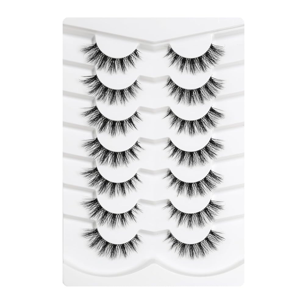 Happy Heartbeat 3D Clear Band Lashes Spiky Cat Eye False EyeLashes D Curl 12mm Short Manga Wispy Natural Reusable Soft Thin Invisible Band Fake lashes 7 Pairs (No.206)
