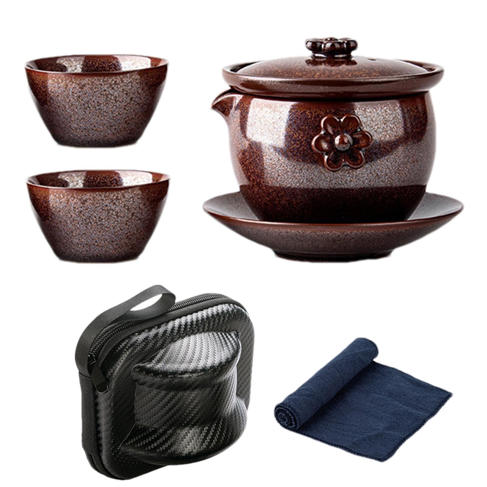 Juego de té para viajes, compacta de cerámica con tazas antiquemaduras | cristalería portátil para el hogar y la oficina con elegante bandeja, perfecta para , restaurantes y reuniones al